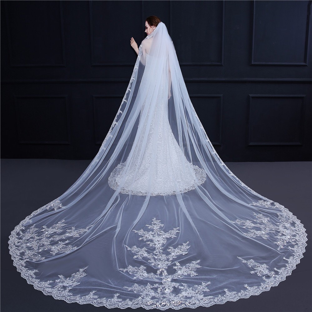 3.5M Elegant Cathedral Length Bridal Veil with Lace Appliqué